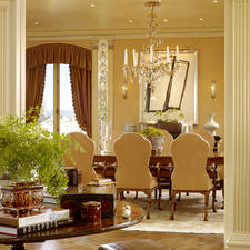 Traditional Dining Room with brass and crystal chandelier