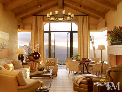 Traditional Living Room with wrought iron chandelier