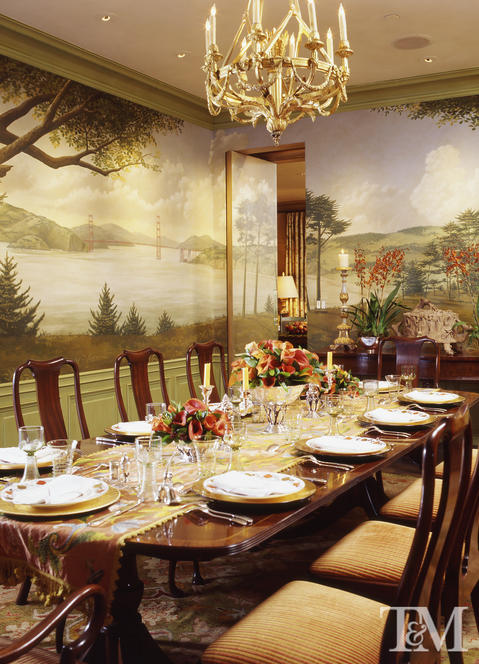 Traditional Dining Room with custom painted wall mural