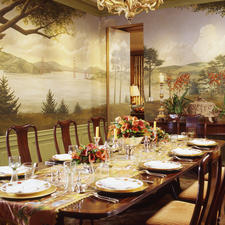 Traditional Dining Room with green painted wainscoting