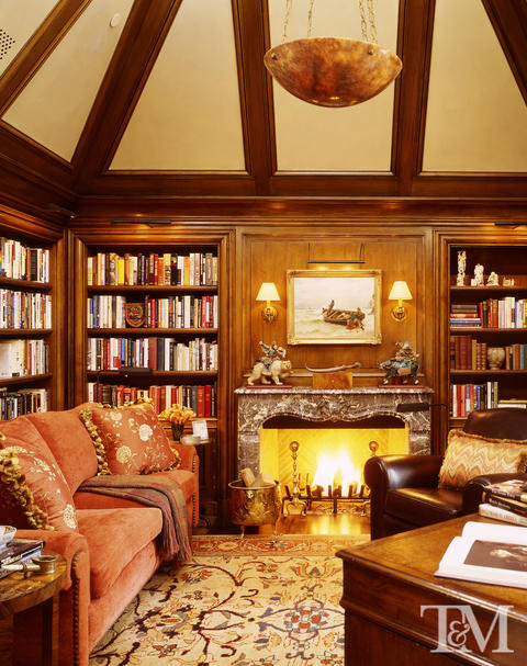 Transitional Library with dark wood stained ceiling beams