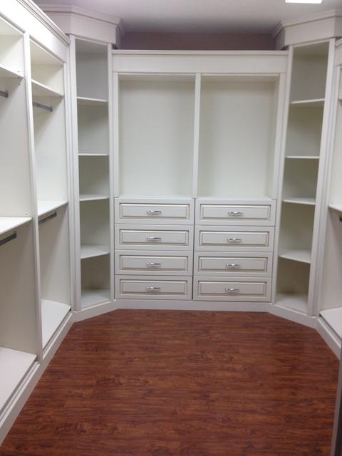 Transitional Closet with custom made shelving