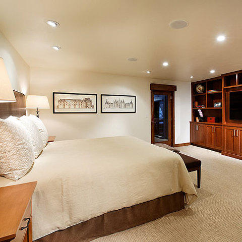 Contemporary Bedroom with black and white wall art