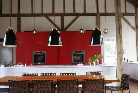 Eclectic Kitchen with black glass pendant lighting