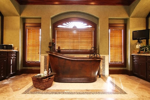 Contemporary Bathroom with wood paneling on ceiling