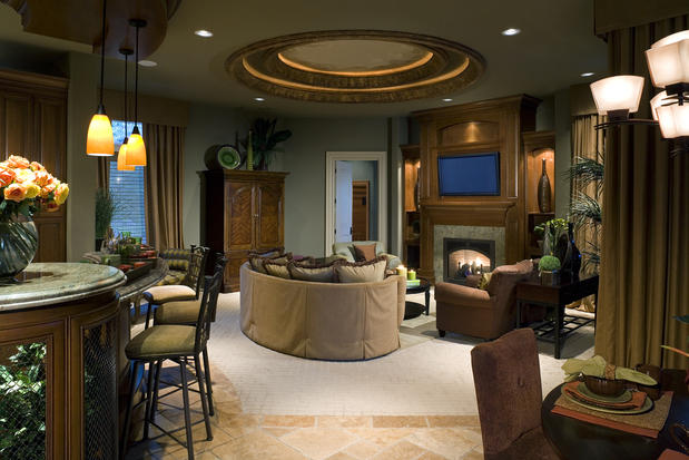 Transitional Family Room with chenille upholstered dining chairs
