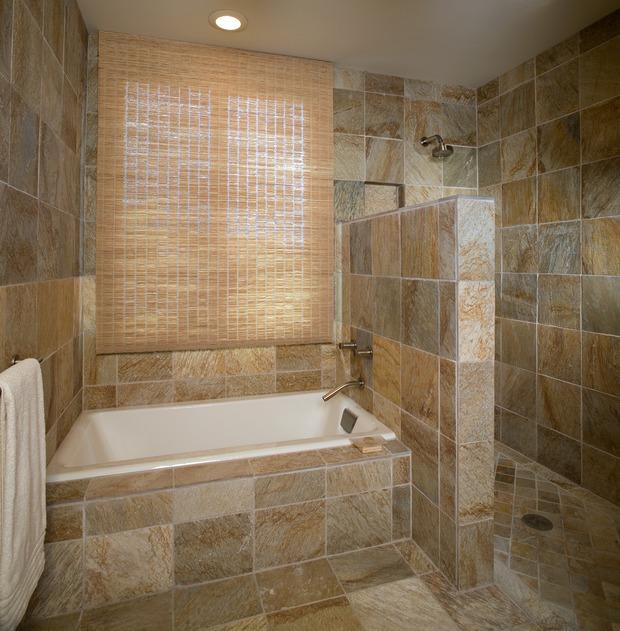 Traditional Master Bathroom with tile bath surround