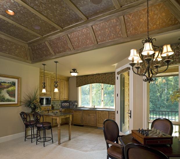 Traditional Bar with wood and wallpaper ceiling