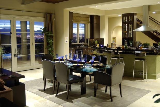 Modern Dining Room with steel and black bar stools