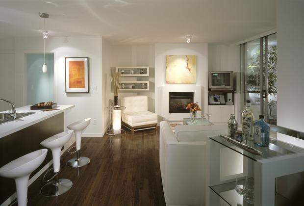 Modern Family Room with steel and white stools
