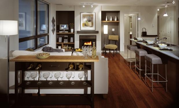 Modern Living Room with steel and grey bar stools