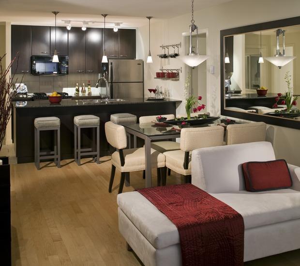 Modern Dining Room with leather and steel bar stools