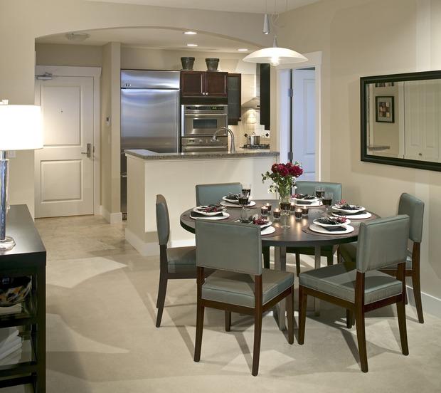 Modern Dining Room with stainless steel appliances