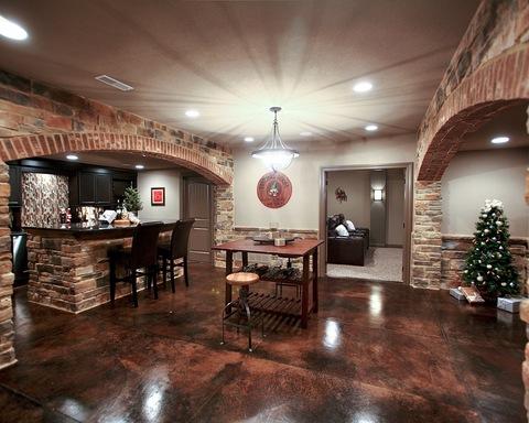 Arts & Crafts Wine Cellar with glass pencil tile backsplash