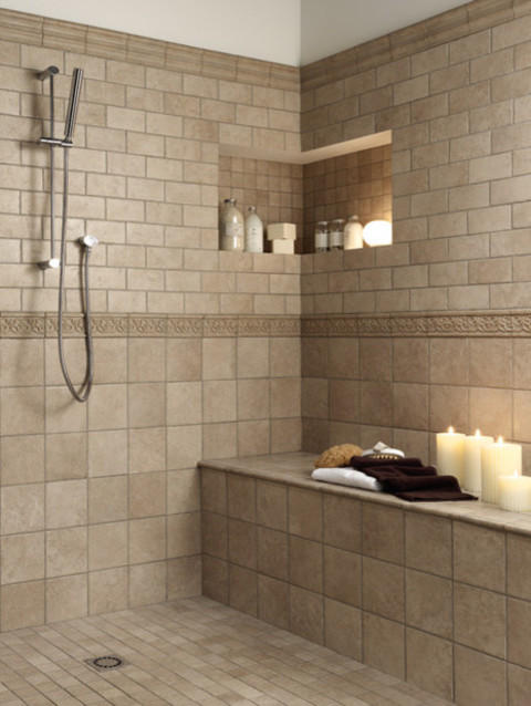 Traditional Bathroom with built in tile shelf