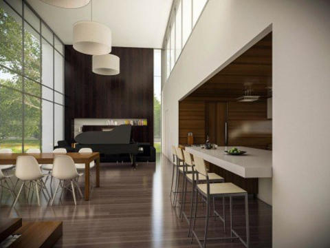 Modern Dining Room with thick white quartz counters