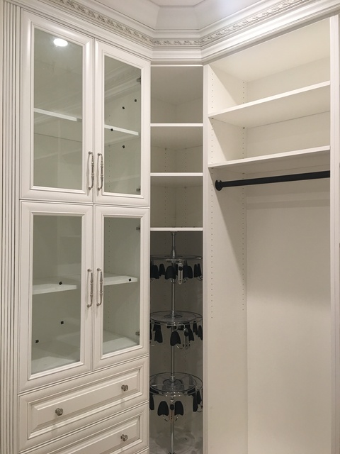 Transitional Closet with oil rubbed bronze closet rod