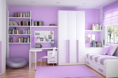 Modern Kids Room with trundle bed with purple striped bedding