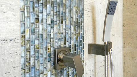 Modern Bathroom with green blue yellow mosaic accent tile