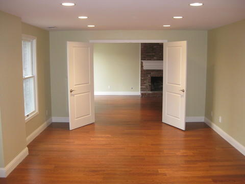 Traditional Home Theater with medium stained hardwood floor