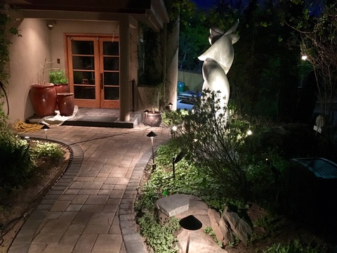 Eclectic Landscape with glass panel french doors