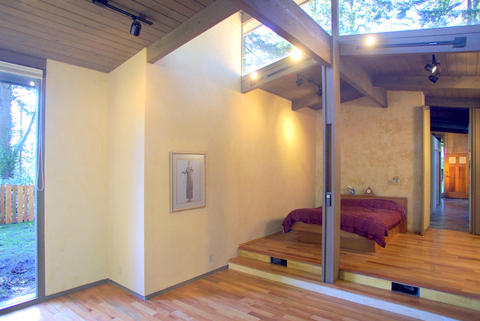 Contemporary Bedroom with tongue and groove board ceiling