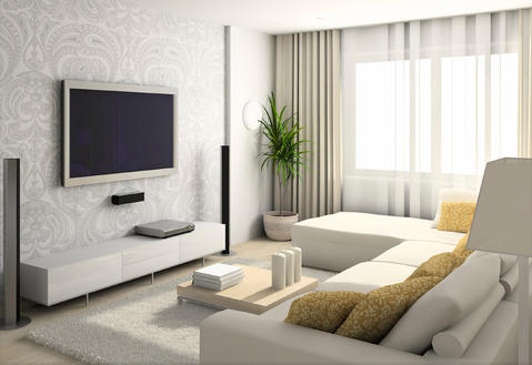 Contemporary Family Room with sheer floor to ceiling drapery