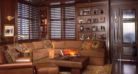 Eclectic Library with brown leather sitting chair