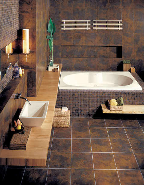 Eclectic Bathroom with above counter vessel sink