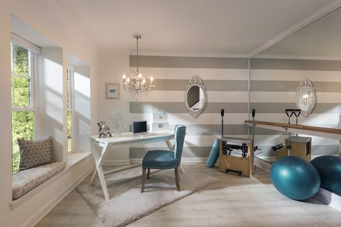Contemporary Home Office with teal blue upholstered chair