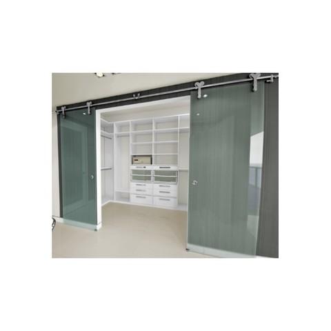 Contemporary Closet with textured sliding glass doors