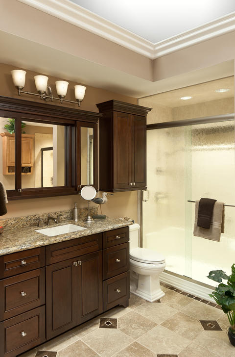 Traditional Bathroom with brushed nickel framed sliding shower door
