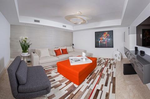 Contemporary Family Room with contemporary family room with tile inlay flooring