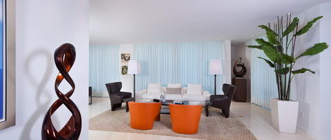 Modern Dining Room with ceiling track floor to ceiling sheer drapery