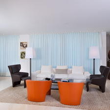 Modern Dining Room with ceiling track floor to ceiling sheer drapery
