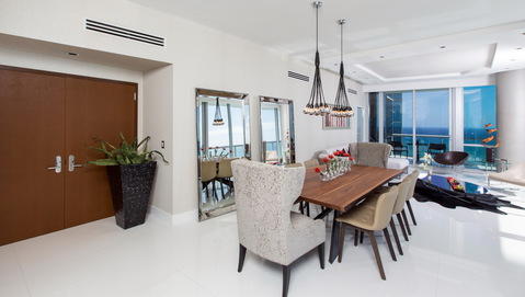 Modern Kitchen with beige dining chair with wood frame
