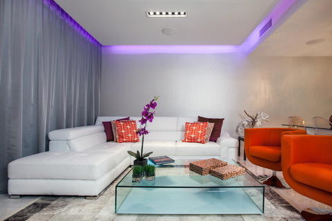 Contemporary Family Room with red modern sitting chairs with a metal base