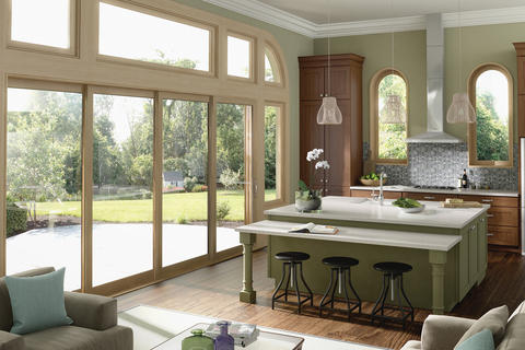 Modern Kitchen with glass mosaic tile backsplash