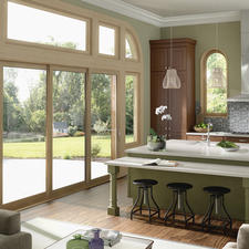 Modern Kitchen with glass mosaic tile backsplash