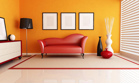 Contemporary Home Office with contemporary coral leather couch