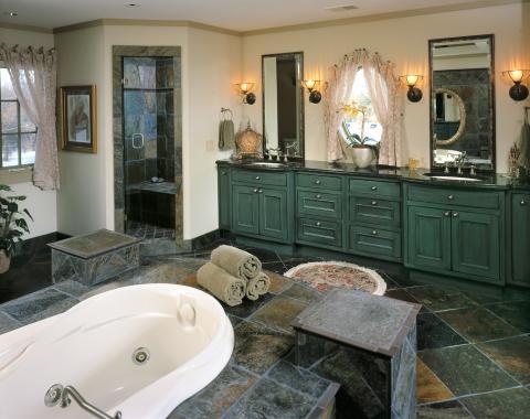 Eclectic Bathroom with dark green distressed bathroom cabinets