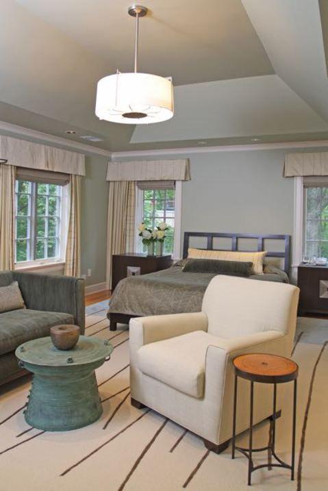 Transitional Bedroom with drum shade chandelier