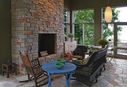 Contemporary Sunroom with green vertical plank walls