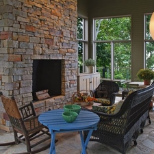 Contemporary Sunroom with green vertical plank walls