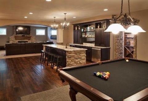 Modern Basement with hand scraped plank hardwood floor