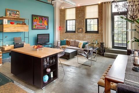 Eclectic Family Room with island with butcher block counter top