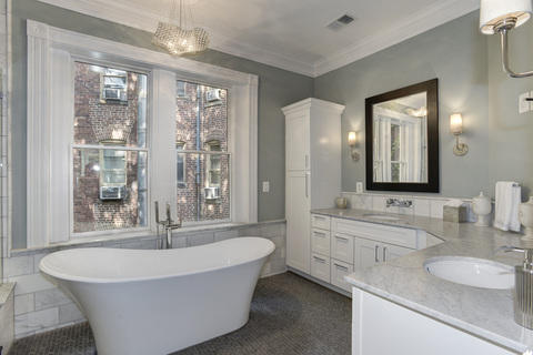 Contemporary Bathroom with white pine recessed panel cabinet