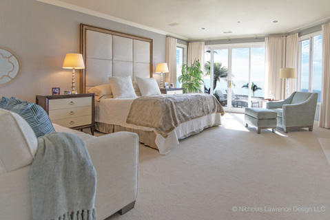 Contemporary Bedroom with blue mid-century modern armchair