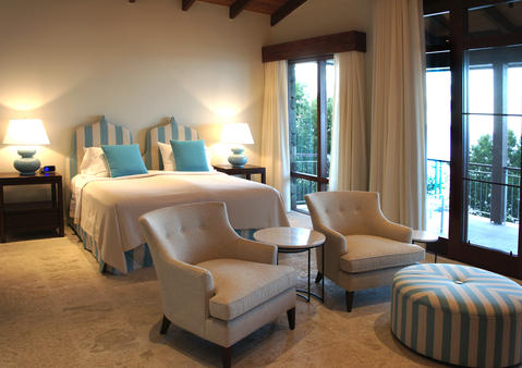 Contemporary Bedroom with queen bed with twin headboards