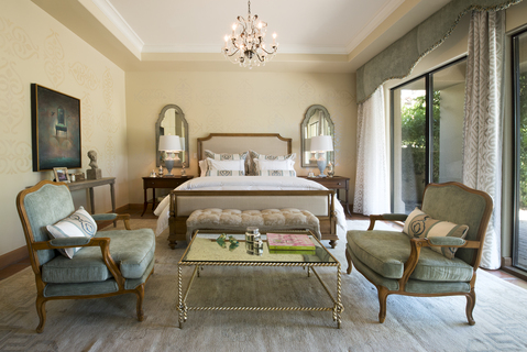 Traditional Bedroom with mirrored coffee table